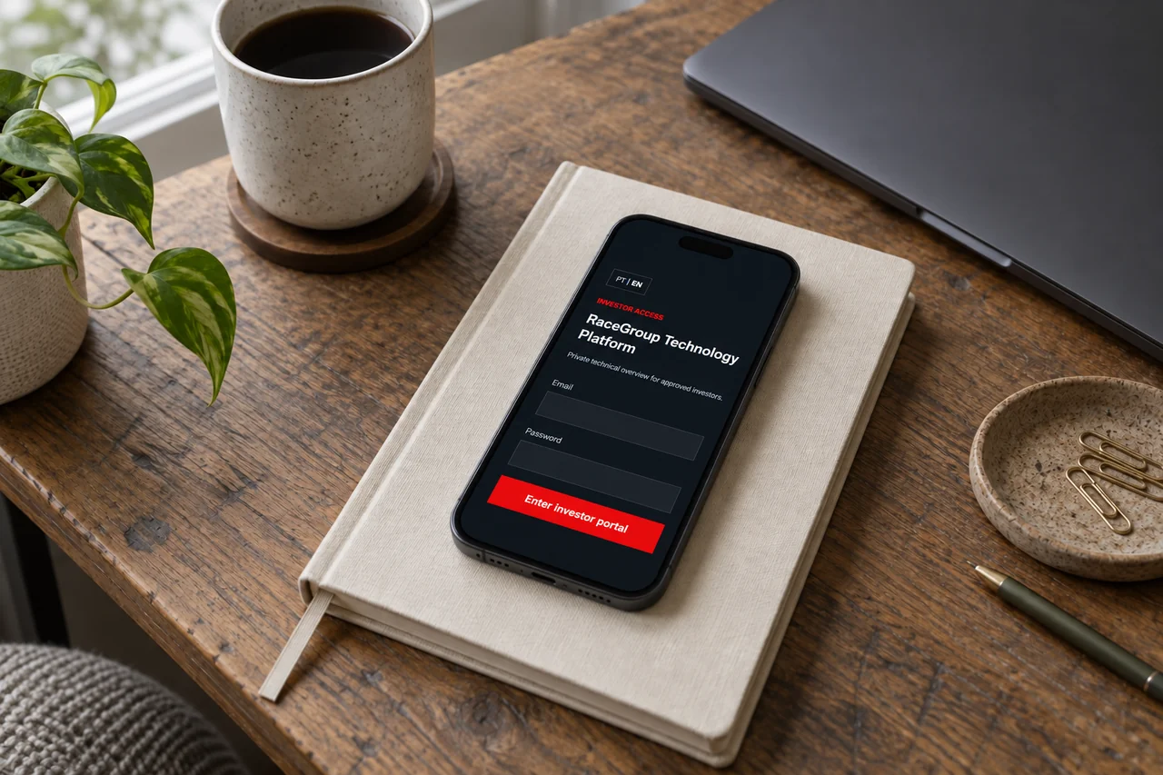 RaceGroup investor portal access screen presented on a smartphone, with empty email and password fields.