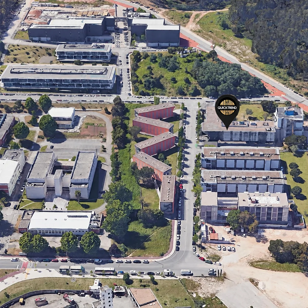 Aerial view of Instituto Pedro Nunes in Coimbra, with the Quicktrend location marked.