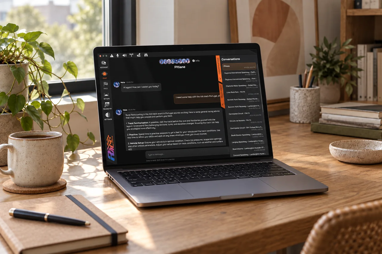 RaceCrewAI chat interface displayed on a laptop.