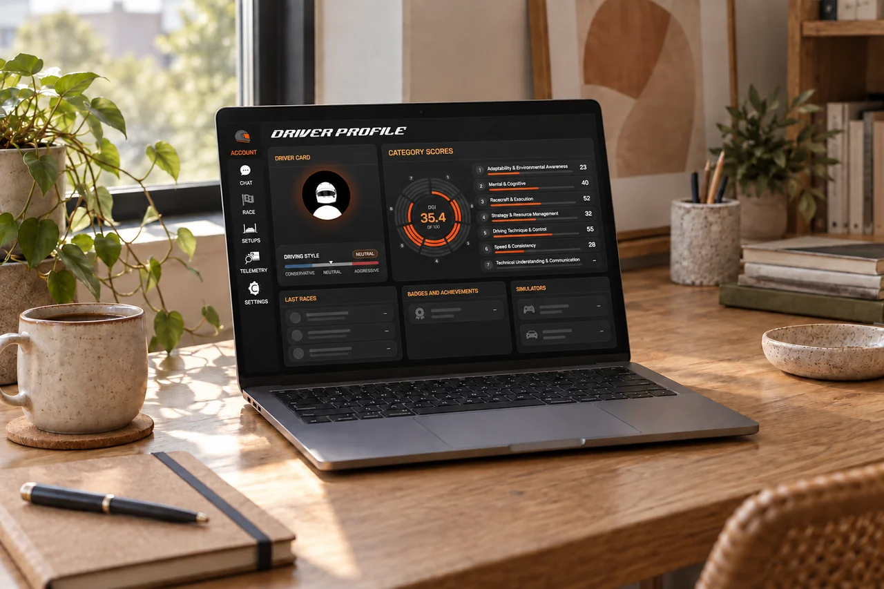 RaceCrewAI driver profile displayed on a laptop, with personal details removed.