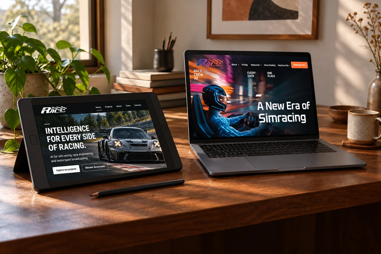 RaceCrewAI website on a laptop and RaceGroup website on a landscape tablet.